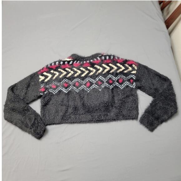 Arizona Jean Co Fuzzy Fair Isle Cropped Sweater Black Pink Cozy Winter Knit - Picture 1 of 9